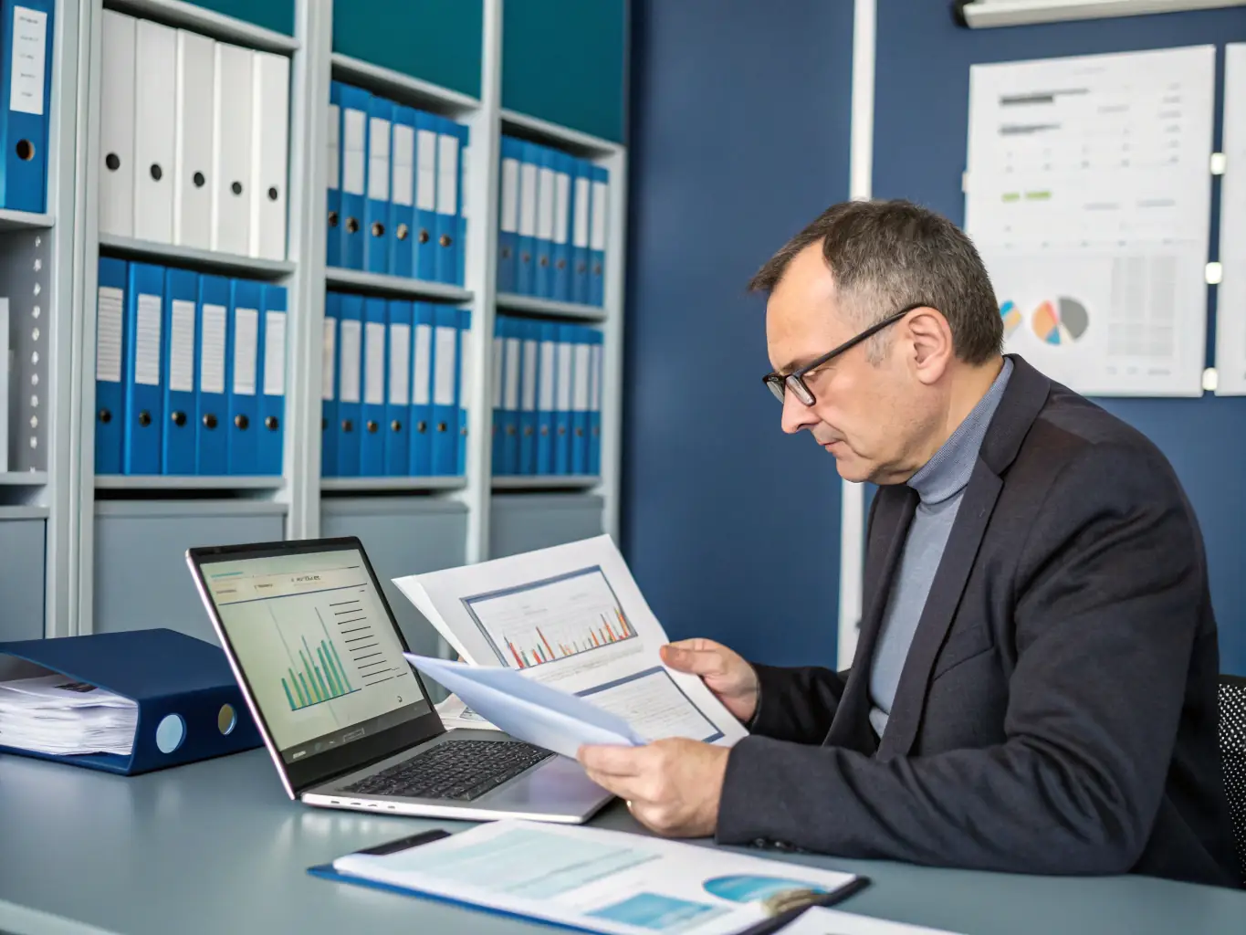 Zdjęcie audytora analizującego dokumenty finansowe w biurze, z użyciem nowoczesnych narzędzi analitycznych. Na biurku leżą raporty i tablet z wykresami.