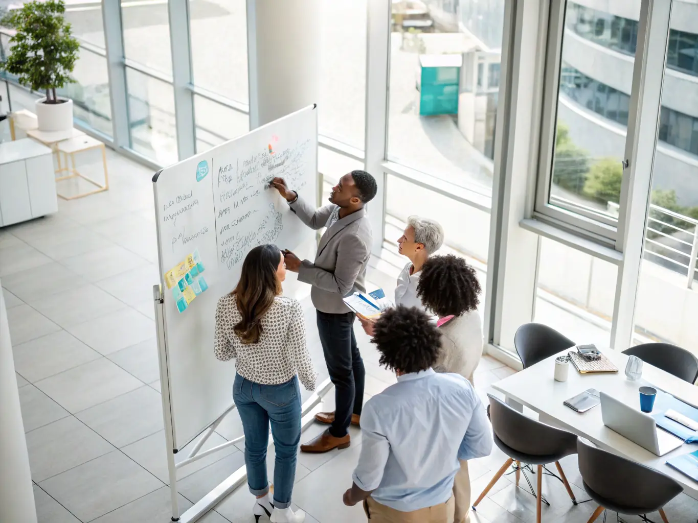 Zdjęcie przedstawiające zespół konsultantów analizujących diagramy procesów na tablicy suchościeralnej, w jasnym i nowoczesnym biurze.