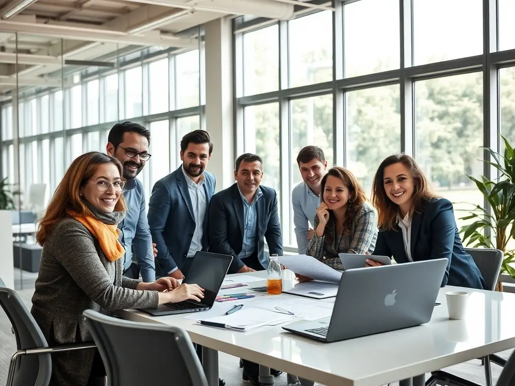 Zdjęcie przedstawiające zespół konsultantów Biznes Doradca pracujących nad optymalizacją procesów w firmie klienta. Widoczne diagramy i analizy na tablicy.